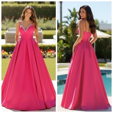 Pink Pleated V-neck Beaded Evening Gown Pocket A-line Satin Holiday Ball Dress