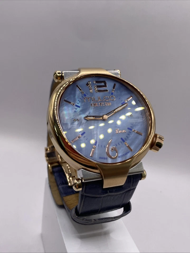 Mulco Couture Unisex Blue Dial Rose Gold Swiss Leather Watch Needs Battery Works - Image 2 of 4