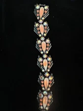 Florenza Japanned orange peach Art Glass rhinestone Bracelet Vintage Deco Style