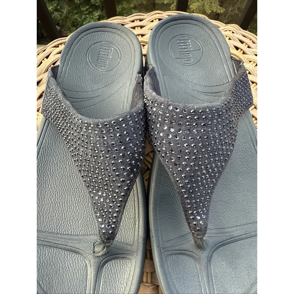 Fitflop Fit Flops Rokkit Leather Black Bling Toe-Post Sandals Slip On Women’s 5 - Image 4 of 4