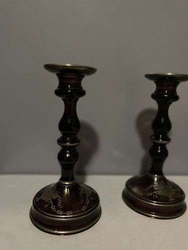 LE Smith Amethyst Glass silver overlay Candlesticks candle holders pair