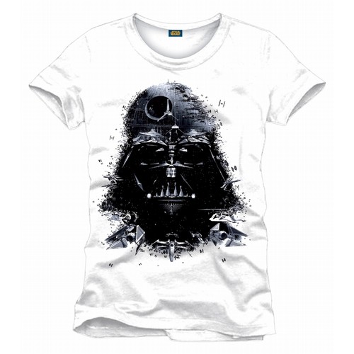 OFFICIAL STAR WARS DARTH VADER HEAD DEATH STAR, TIE FIGHTERS WHITE T-SHIRT (NEW) - Afbeelding 1 van 2