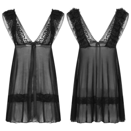 Mens Sissy Cross-Dressing Lingerie Nightgowns Sheer Lace Dress Pajamas Sleepwear - Picture 35 of 45