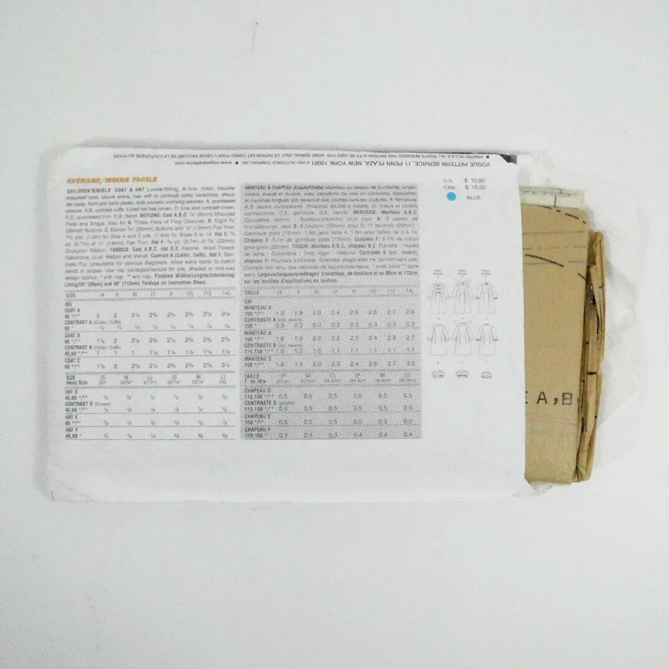 Vogue 8864 Girls Coat Hat Sewing Pattern Size 4-6 Uncut Aline Double Breasted - Image 3 of 4