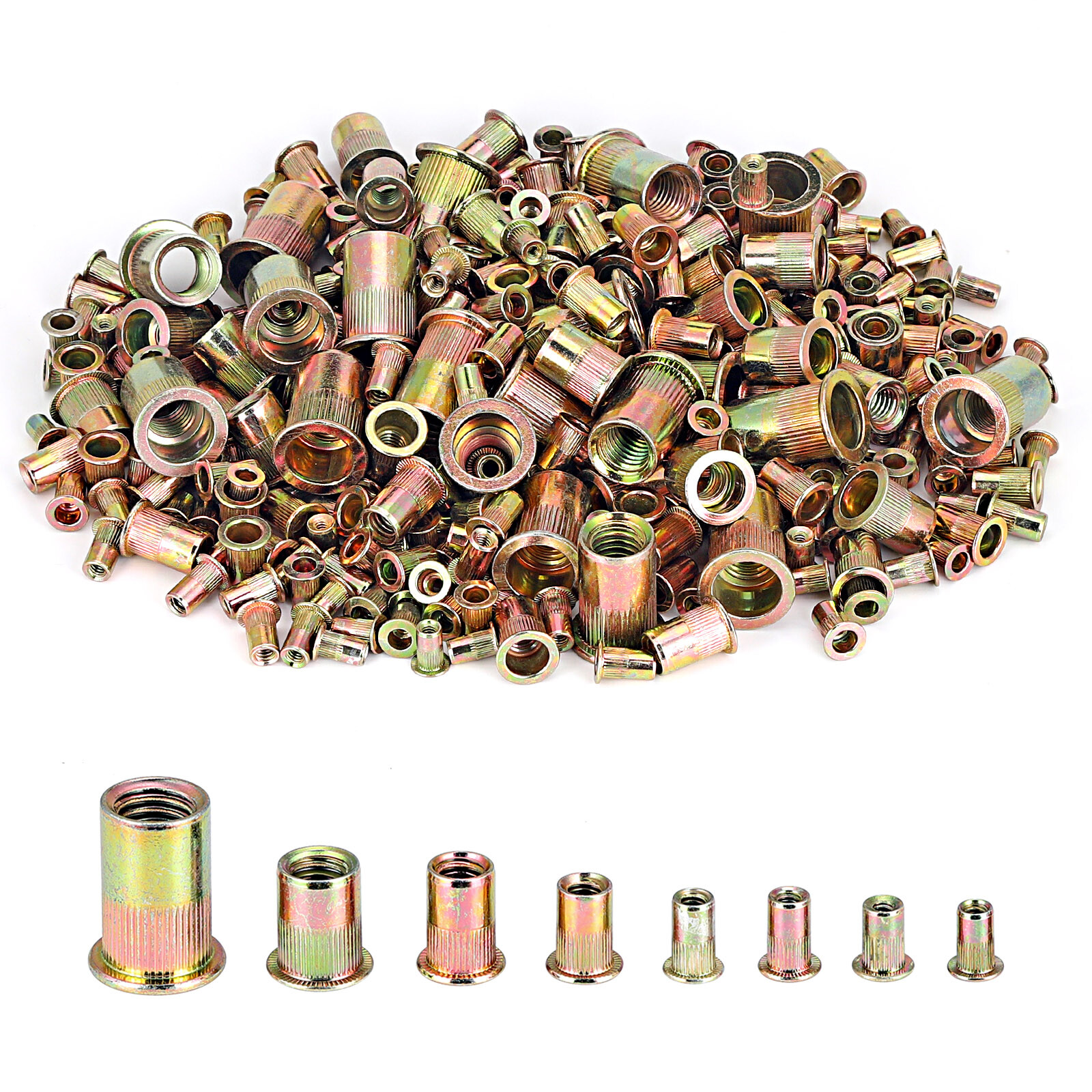370Pcs Carbon Steel Flat Head Rivnut Threaded Insert Nut Set Zinc Plated Finish-image