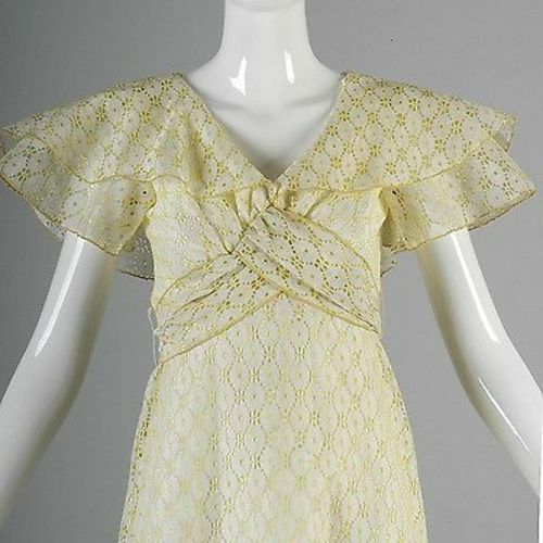 XS Vintage 1970s 70s Maxi Dress Hippie Boho Yellow Prairie Ruffle Summer Casual - Picture 4 of 8