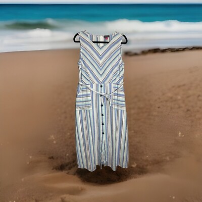 Vince Camuto Linen Blend Midi Dress Button Up Striped Pockets Beach Summer  Gown | eBay