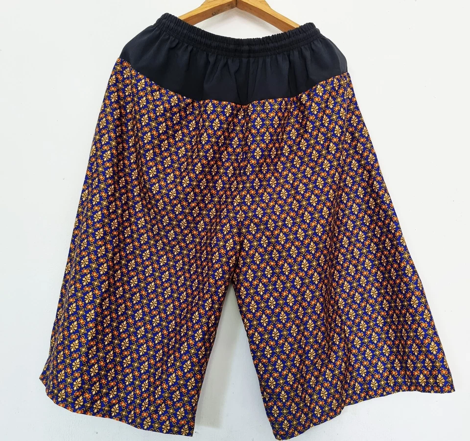 Pantalones Cortos Patrón Floral Y Hojas, Pantalón Algodón Patrón Tailandés Azul Dorado Cintura Elástica Foto 3 de 4