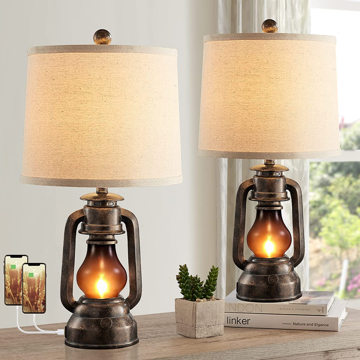 63" Farmhouse Lantern Floor Lamp – Vintage Resin Standing Lamp With 2 Light Sources, Rotary Switch, Bulb Included (Bronze)