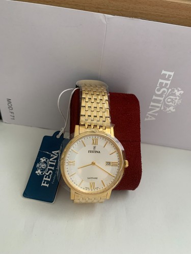 BRAND NEW FESTINA F20020/1 Gents Gold Tone Stainless Steel Date Sapphire Glass - Picture 2 of 11