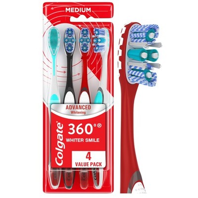 Colgate 360 Advanced Whitening Medium Toothbrush 1 Count (Pack of 4), Multi