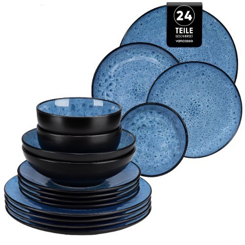 Stoneware Geschirrset FüR 6 Personen, 24-Teiliges Modernes Geschirrset In Blau,-image