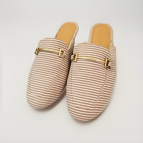 Nautica Labella Tan White Stripe Gold Logo Buckle Mule Slip On Shoes Size 6 NWOT - Picture 2 of 6