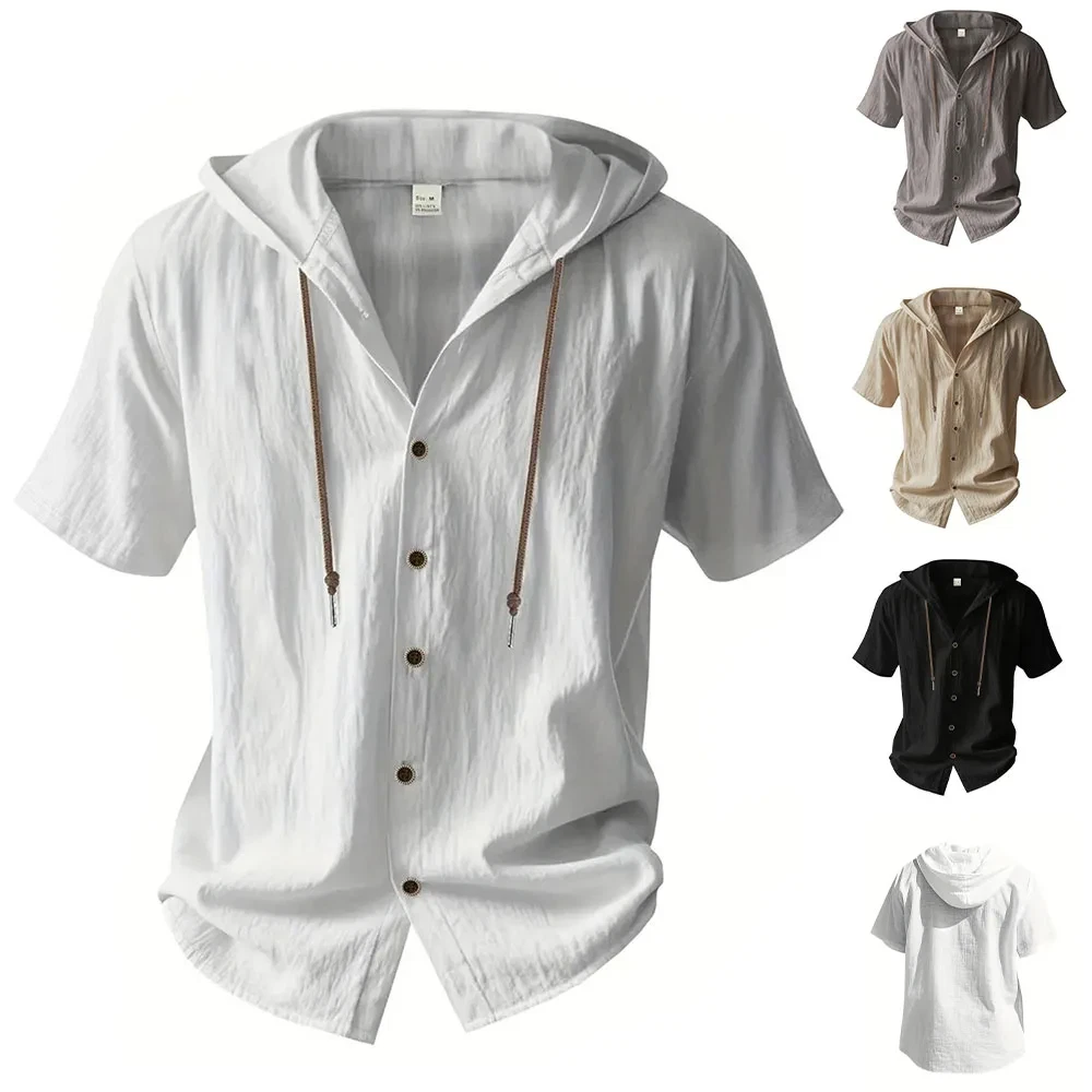 Cotton Linen Shirt for Men Hooded Short Sleeve Solid Color Breathable Lightweigh