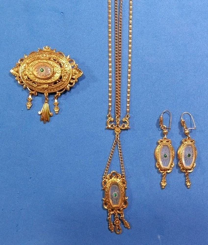 Vintage Costume Jewelry Set By ART Necklace•Brooch & Pierced Earrings GOLD TONED