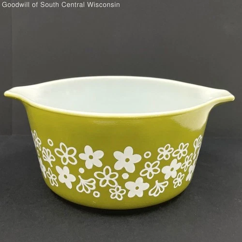 VNTG Pyrex "Spring Blossom Green" White On Green 1qt Round Casserole Dish #473