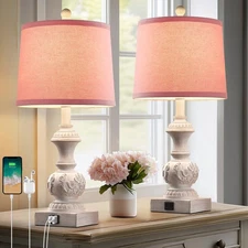 Set of 2 Pink Farmhouse Table Lamps 23.5" Vintage Nightstand Lamp with USB A+...