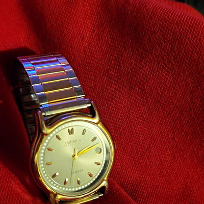America Perry Ellis Women's Quartz Watch Silver Dial Gold Bezel/Case Date