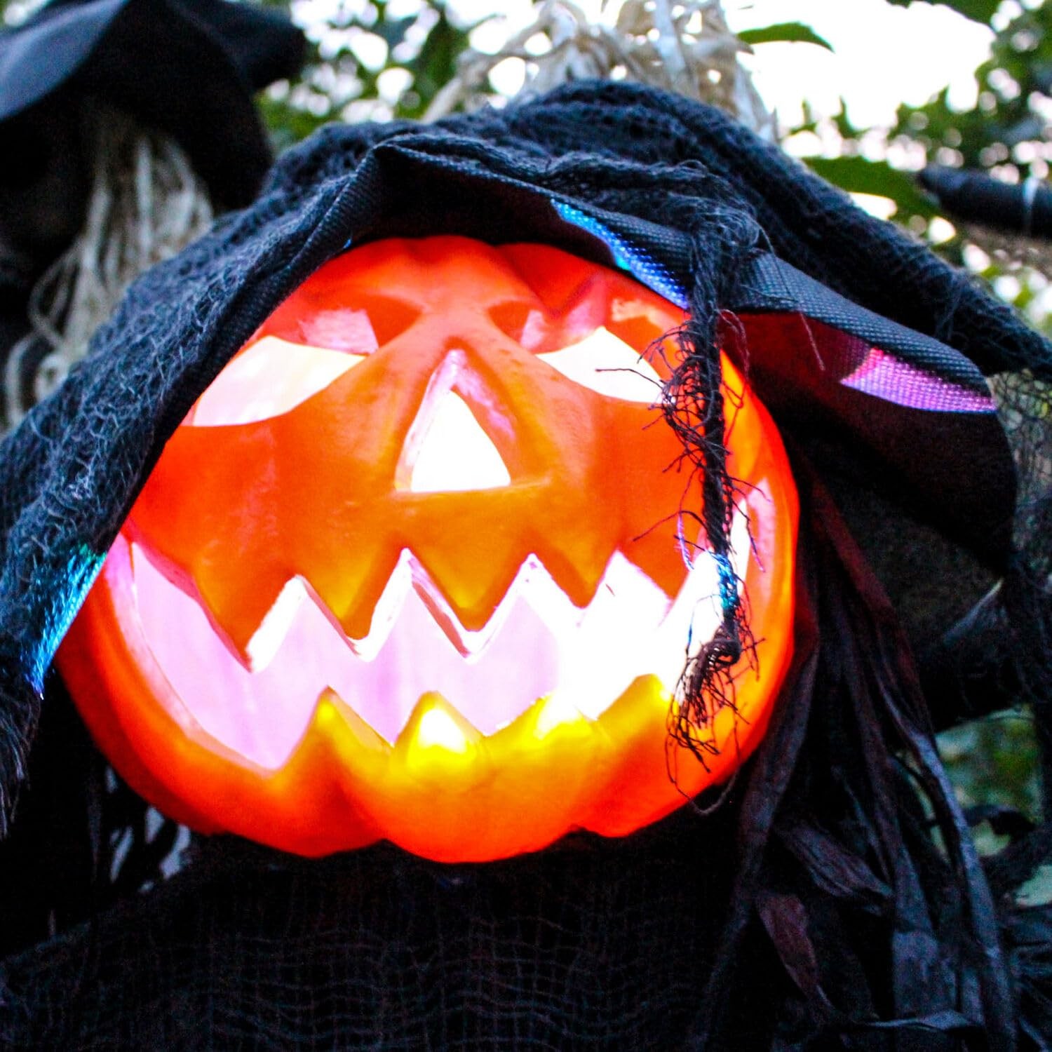 Life-Size Scary Poseable Pumpkin Witch, Halloween Prop with Touch Activated L...