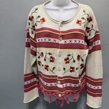 Vintage 1990s Liz Claiborne Knit Cardigan Floral Embroidery Geometric fringe S