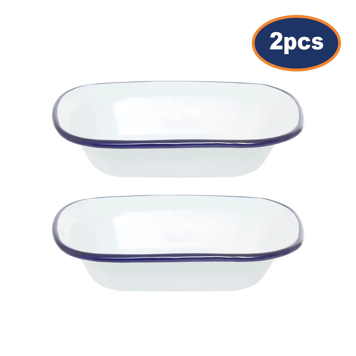2pcs From Scratch 24cm Rectangular White Enamelled Steel Pie Dish Navy Blue Rim
