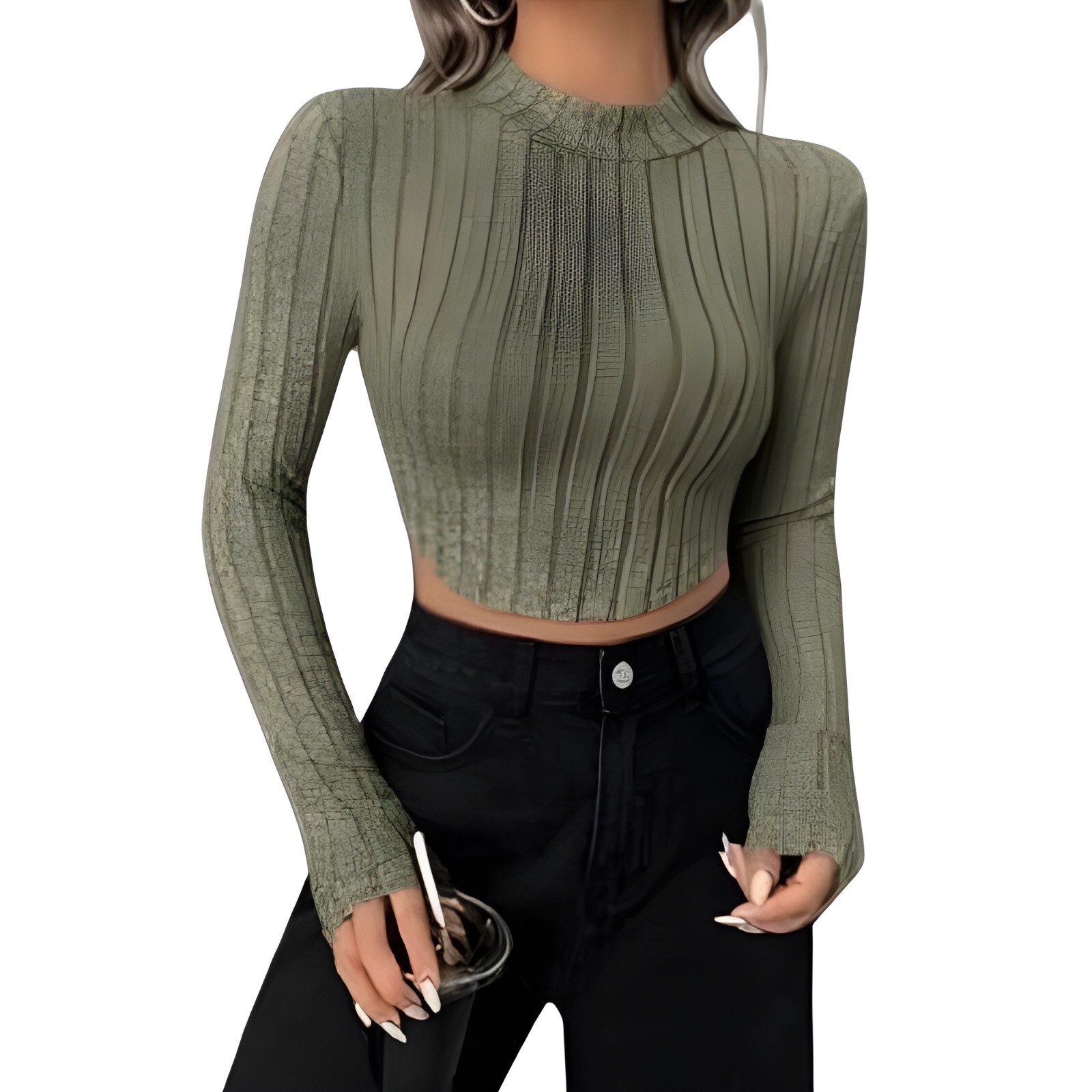 Camiseta Corta Verde Militar De Mujer Talla M de cuello alto tejido de canalé