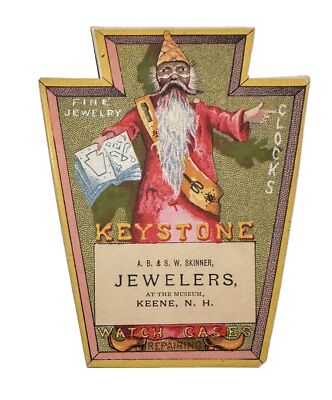JEWELERS TRADE CARD 1880s KEYSTONE POCKET WATCH CASES AB&SW SKINNER KEENE NH B50