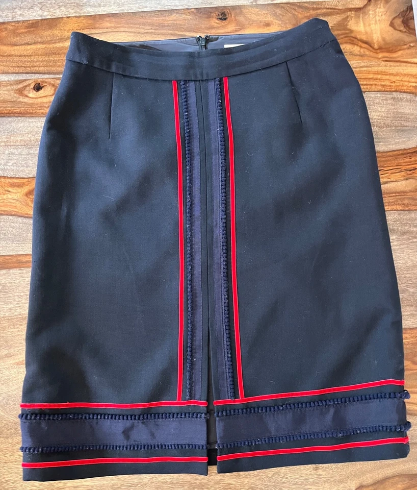 Boden Edith Velvet Trim Detail Skirt Navy Red Italian Wool size 14