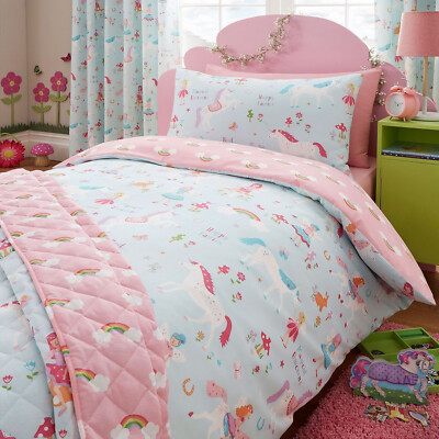 Girls Kids Unicorn Rainbow Pink Duckegg Duvet Cover Set Curtains