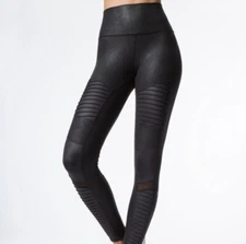 Alo Yogo Womens High Waist Moto Leggings XS Black  Faux Leather Mesh Panels