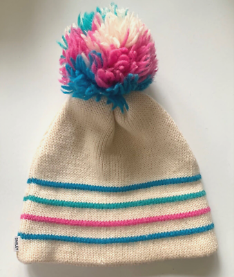 Vintage SMILEY Hat STRIPED POM Beanie Winter Wool Knit Ivory  display picture 1