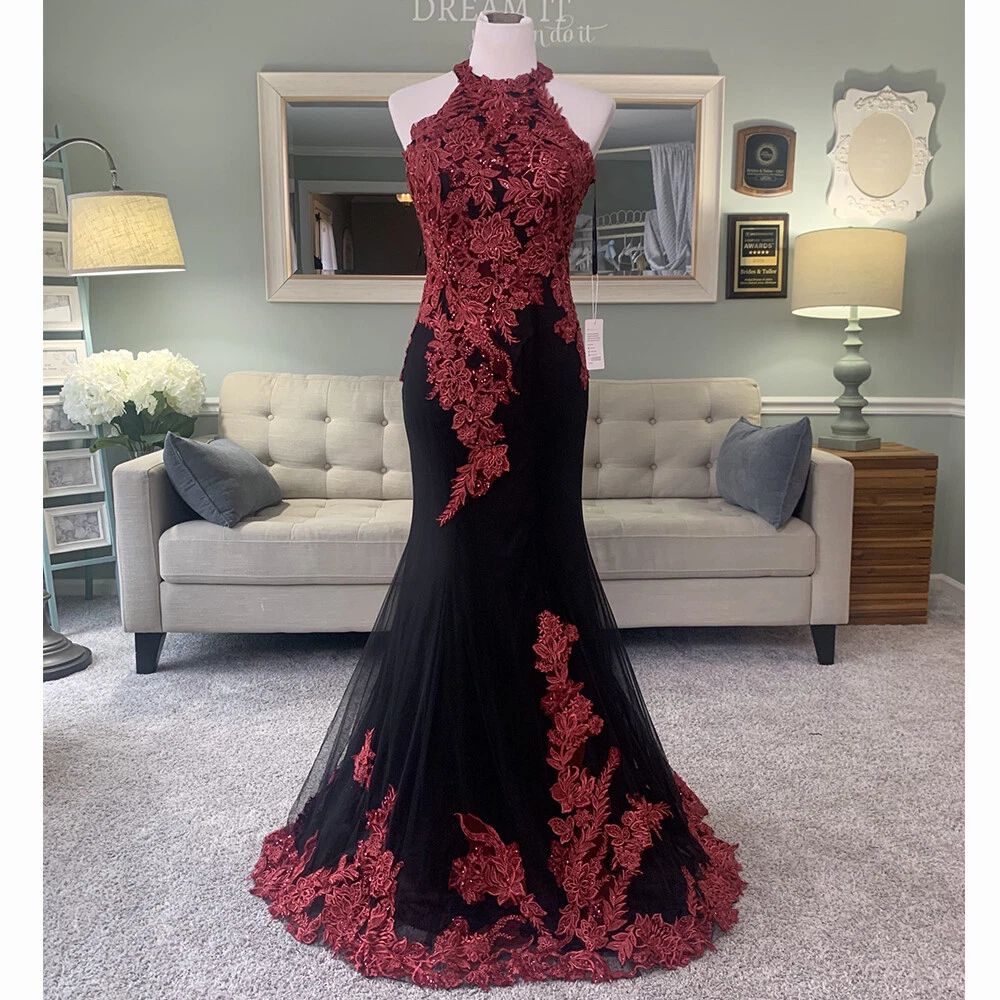 Gothic Mermaid Wedding Dresses Black Burgundy Lace Halter Neck Bridal Dresses