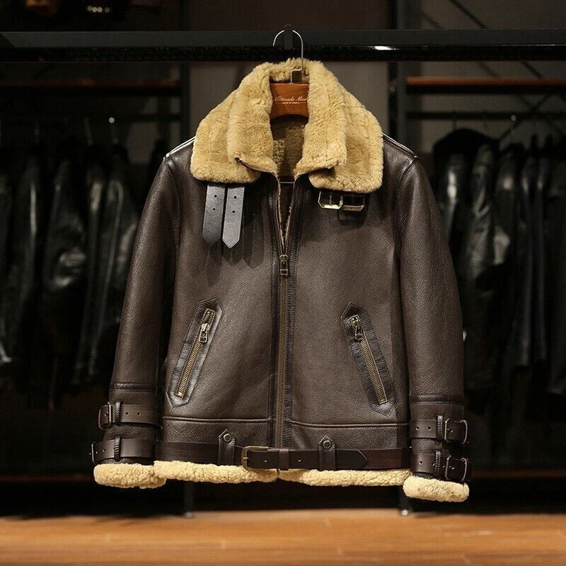 B-3 WW2 Mens US Navy RAF Aviator Flying Pilot Fur Shearling Real Leather Jacket