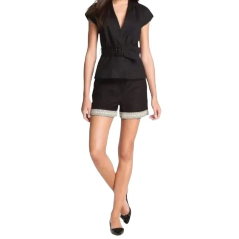 Kate Spade Black Linen Tailored Shorts Embroidered Hem Trim Resort Sz 2 NWOT