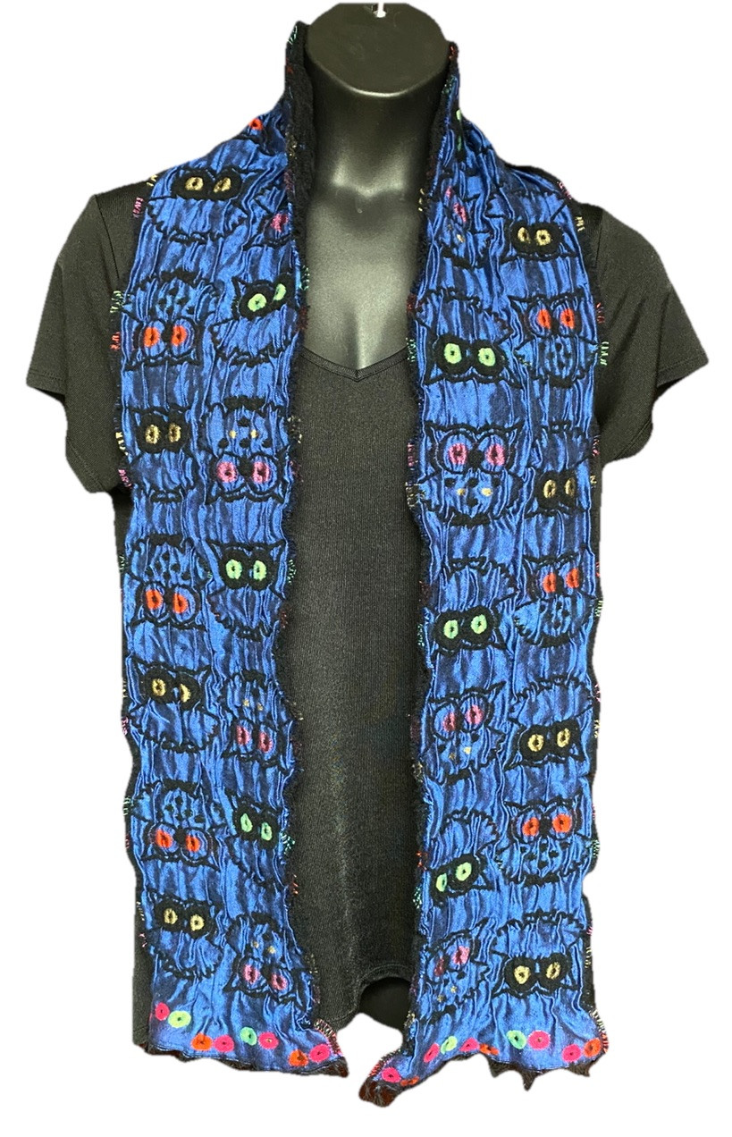 Owl Bird Scarf Rectangle Sparkle Thread Wool Blend Blue Guillaume De Mons Paris