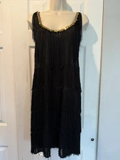 Womens Black Fringe Flapper Dress Large Gold Trim Costume Gatsby NYE Party Artsy