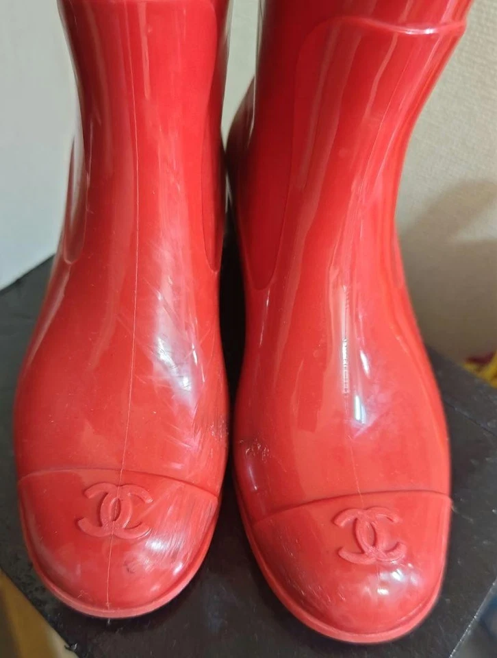 CHANEL Camellia Rain Long Boot Shoes size 35 Red 23.5cm Rare No Box Used Japan - Image 3 of 4