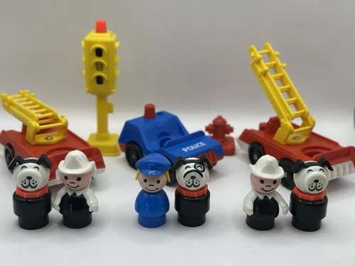 Vintage Fisher Price Little People Fire & Police Vehicles Lot w Figures & Dogs
