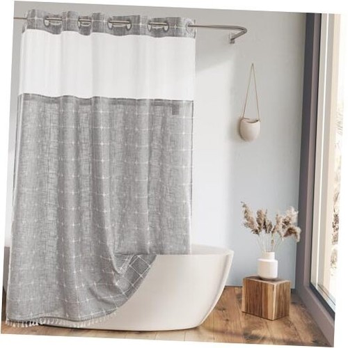 Farmhouse Shower Curtain with Snap-in Liner, No Hooks Needed Fabric Shower