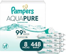 Pampers Aqua Pure Baby Wipes, 99 Water, Unscented, 8-Pack 448 Total Wipes