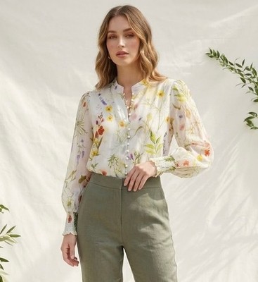 Lucky & Coco Floral Sheer Blouse Medium NWOT Smocked Cuff Wildflower Cottagecore