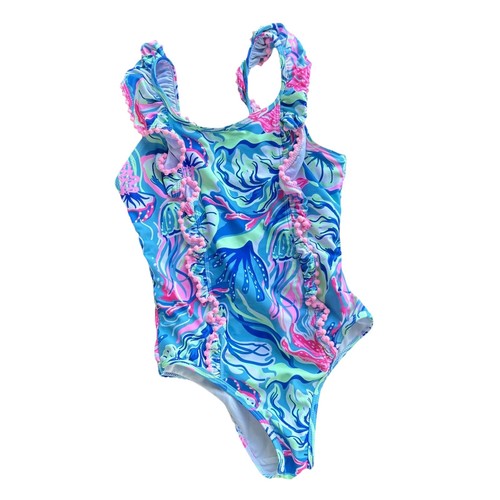 Tommy Bahama girl's size 8 pink blue sea Graphic Ruffle one piece swimsuit