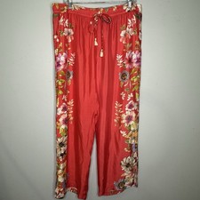 Johnny Was Auriela Drawstring Elastic Waist Red Floral Boho Wide Leg Pants XL