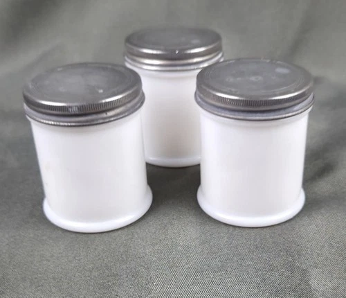 3 Vintage Hazel Atlas Milk Glass Medical Cold Cream Ointment Jars Aluminum Lids