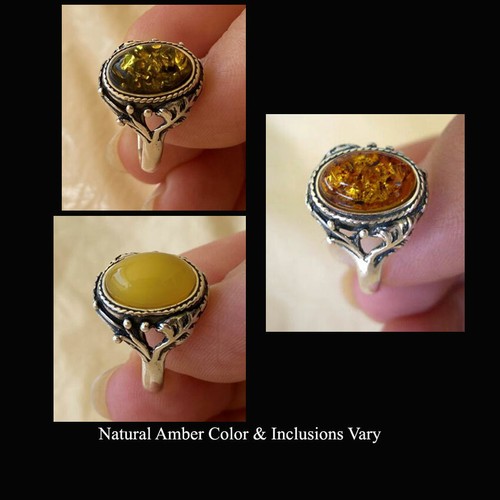 ANELLO FOGLIA ARGENTO STERLING AMBRA MIELE VERDE BUTTERSCOTCH BALTICO o MIELE - Foto 1 di 17