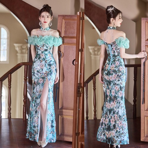 Black Evening Dress Luxury Fish Tail Sequin Flash Hanging Neck OneShoulder Dress - Picture 31 of 31