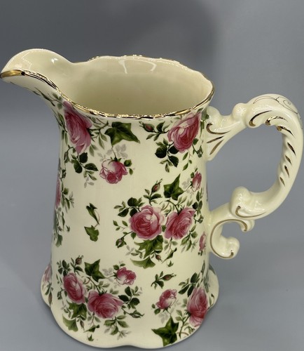 VTG Porcelain Boudoir Pitcher Beige Pink Cabbage Roses Fluted Bottom Handle - Picture 2 of 12