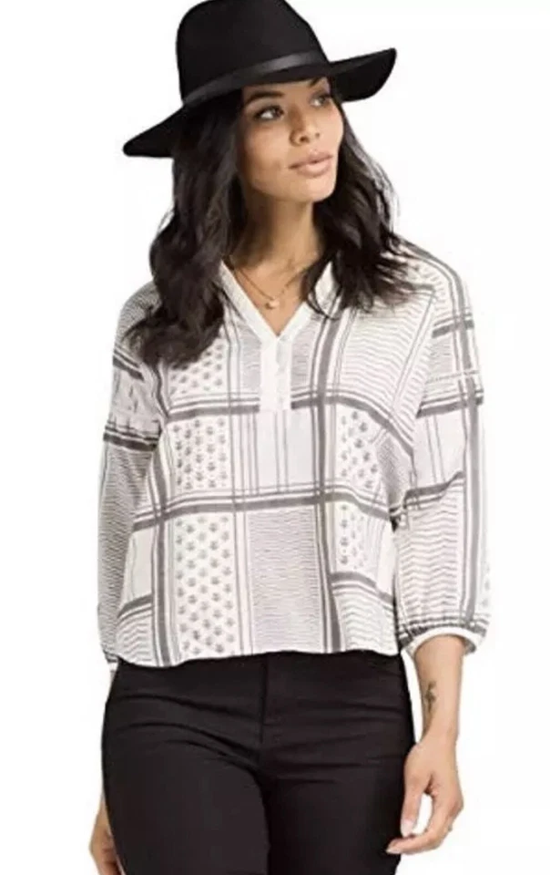 NUEVA Blusa Top PrAna Elena Algodón Orgánico Geométrico Cuadros Tribal Azteca Talla L Foto 2 de 4