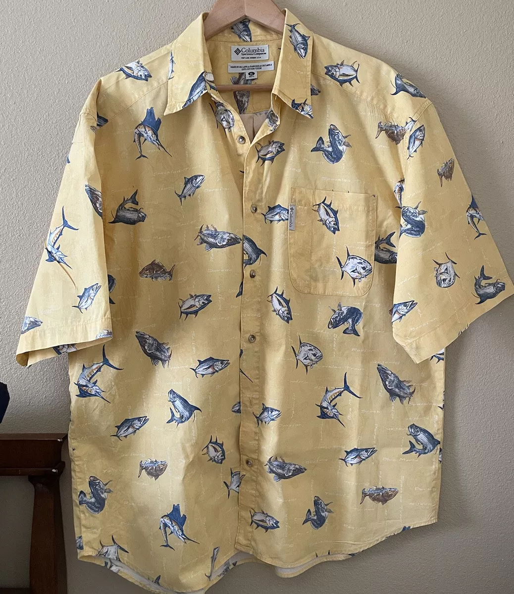 Columbia Button Up Shirt Mens XL Short Sleeve Yellow Fish Hawaiian