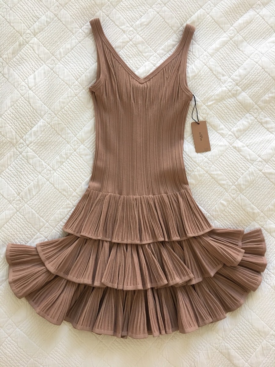 Auth NWT-Azzedine Alaïa Robe Aigrette Chair Beige Dress Sz